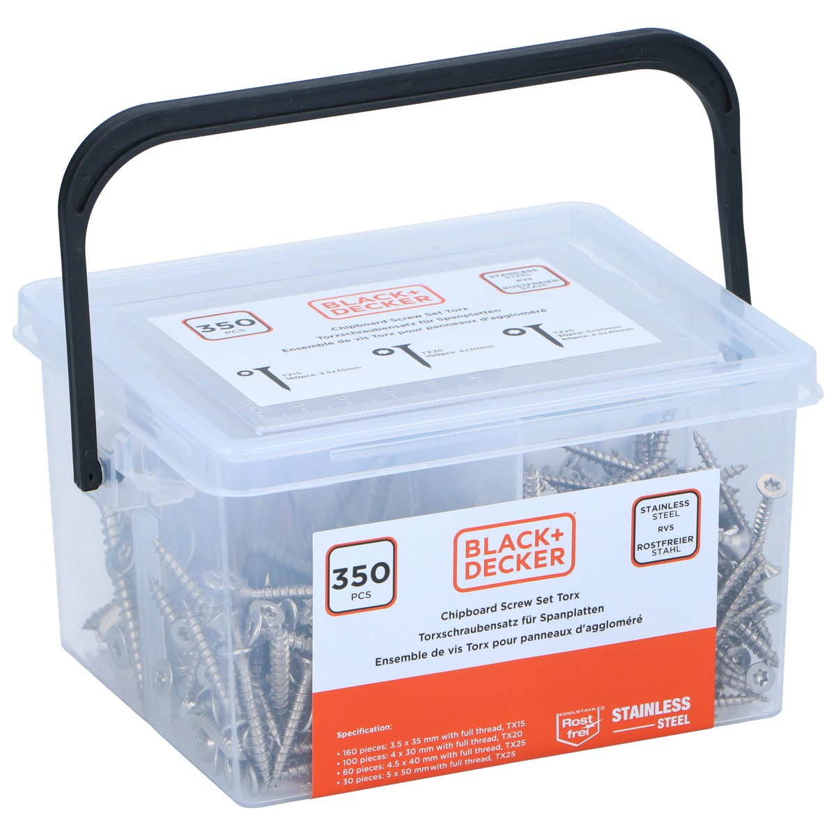 Clear plastic box containing 350 Black+Decker stainless steel Torx chipboard screws.