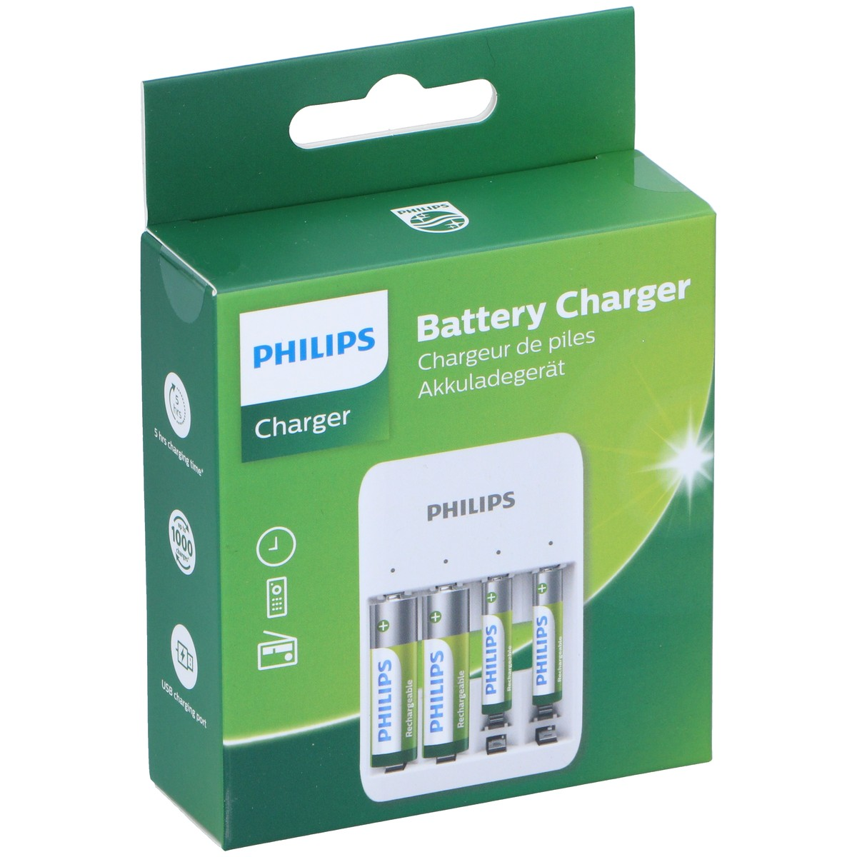 Philips Batterie-Ladegerät mit vier AA-Batterien, grün und weiß.