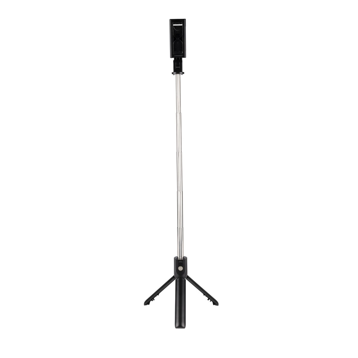 Un bâton selfie noir avec un trépied extensible sur fond blanc.