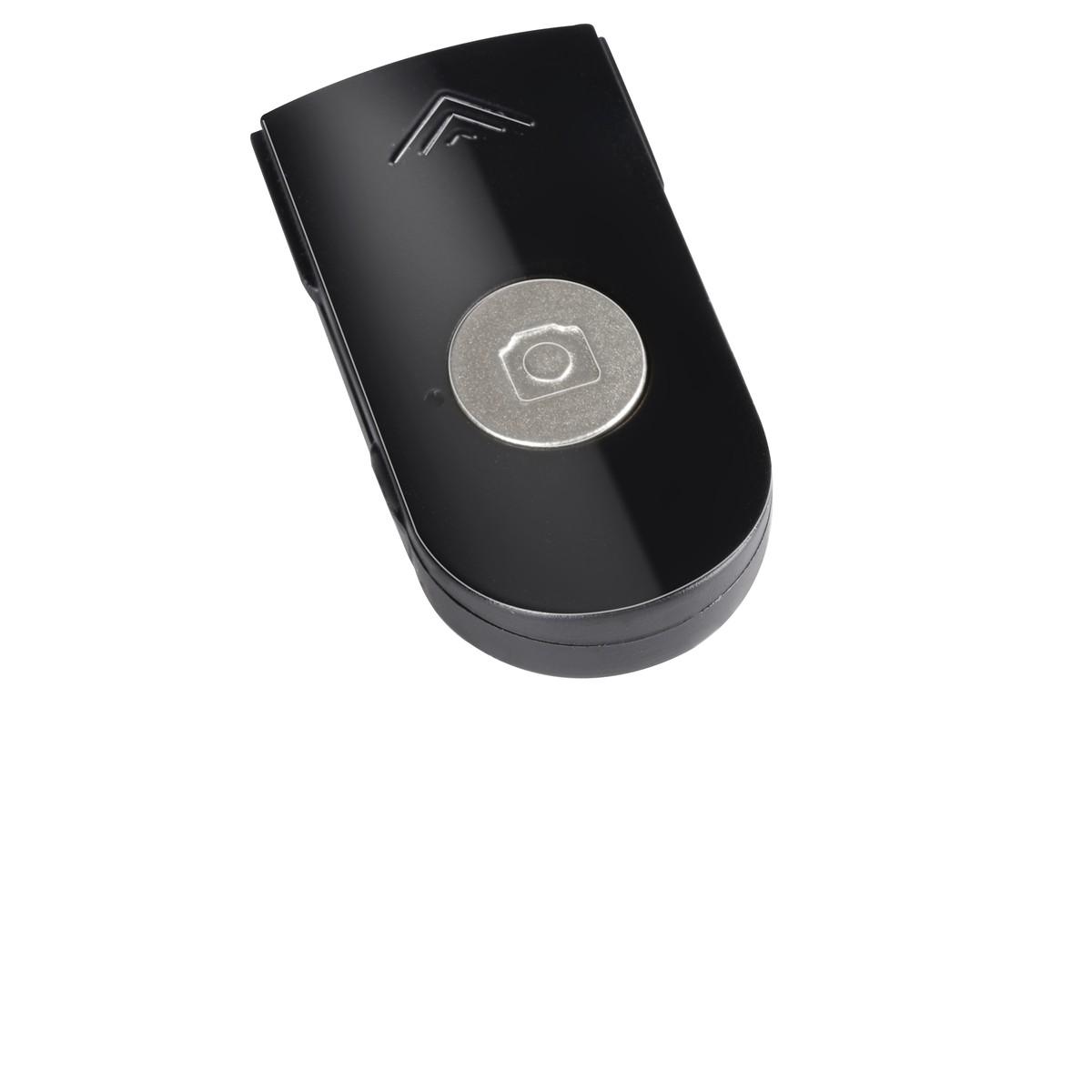 Une télécommande de caméra noire avec une icône de caméra et une flèche.