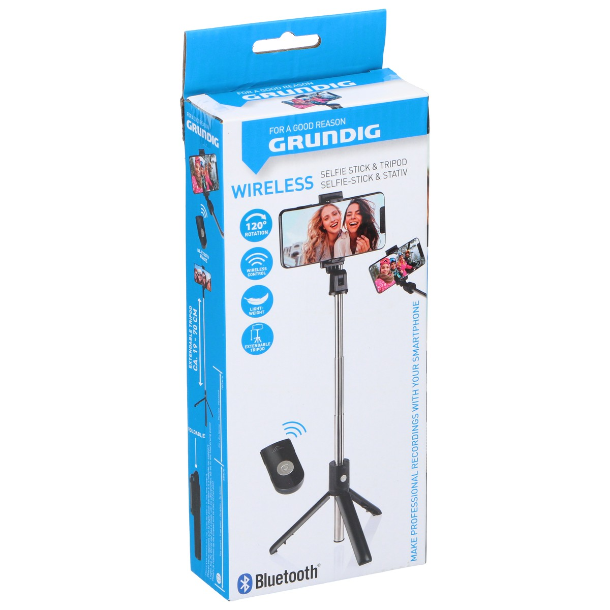 Emballage d'un perche à selfie et trépied Grundig avec support smartphone et télécommande.