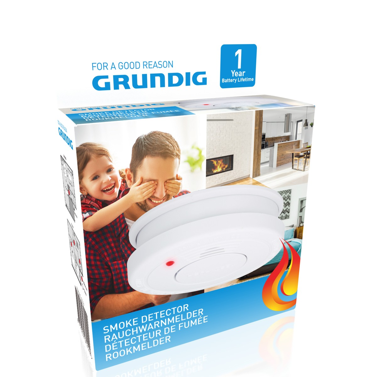 Grundig smoke detector box with father and child, fireplace and kitchen.