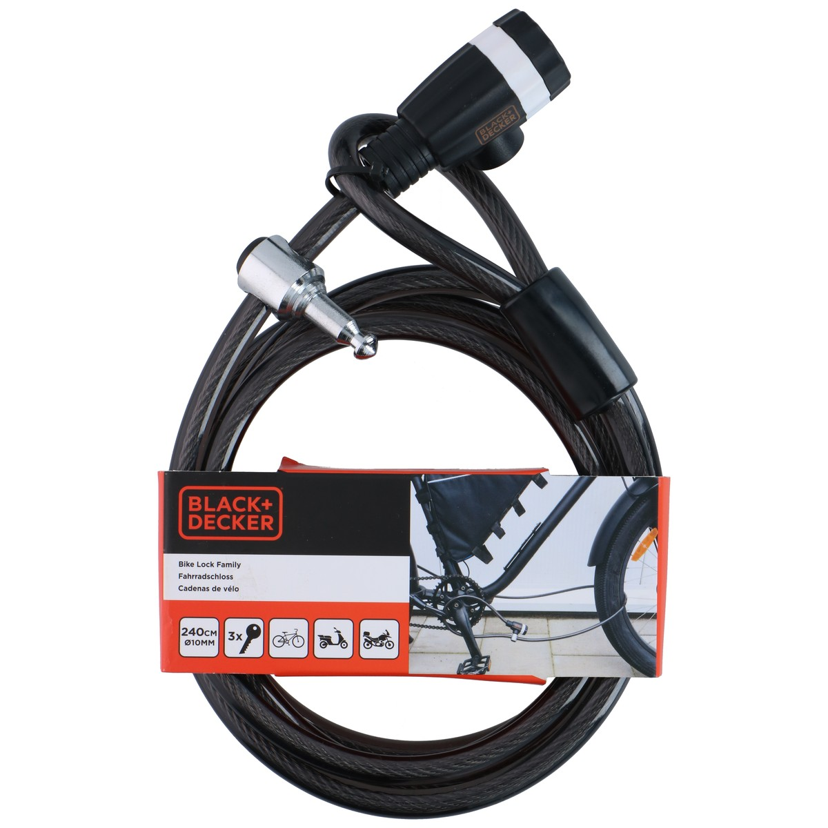 Black+Decker bike lock family with keys, showing bike, scooter and motorcycle icons.