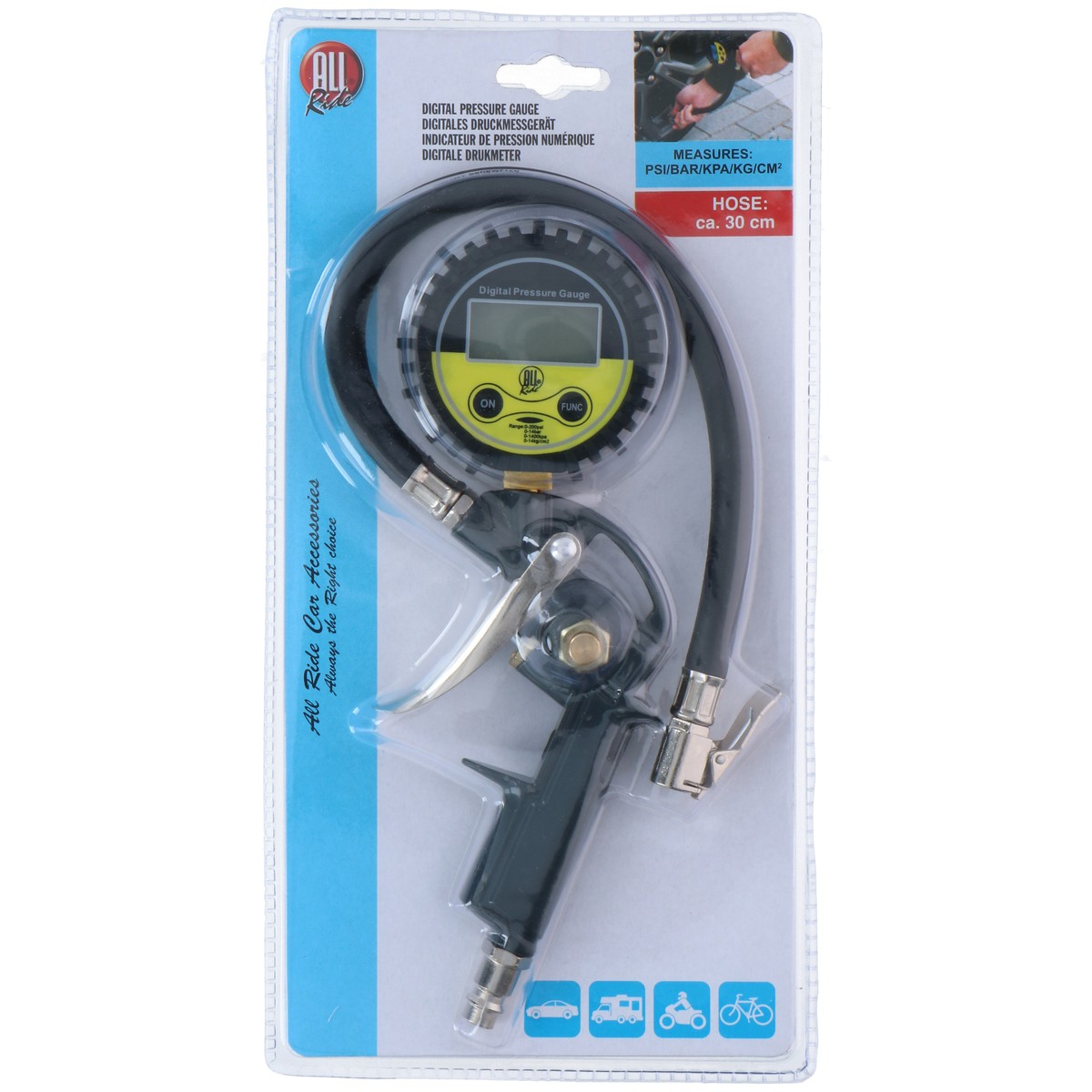 Digitale bandenspanningsmeter met slang en handvat, verpakt.