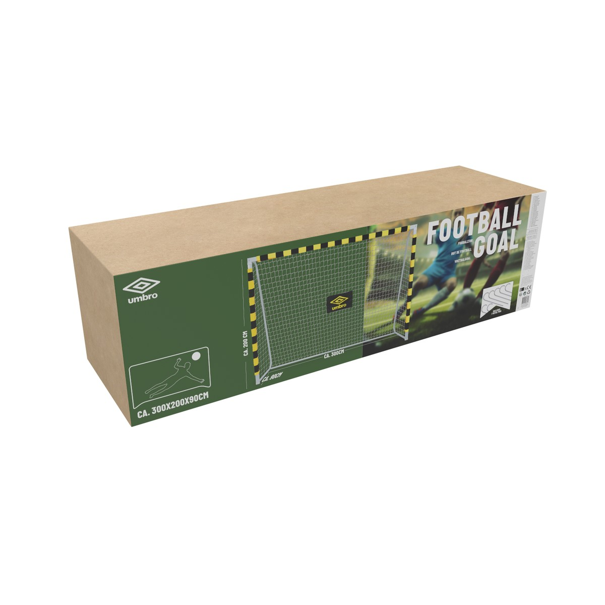 Umbro Fußballtor auf Kartonverpackung, Maße 300x200x90cm.