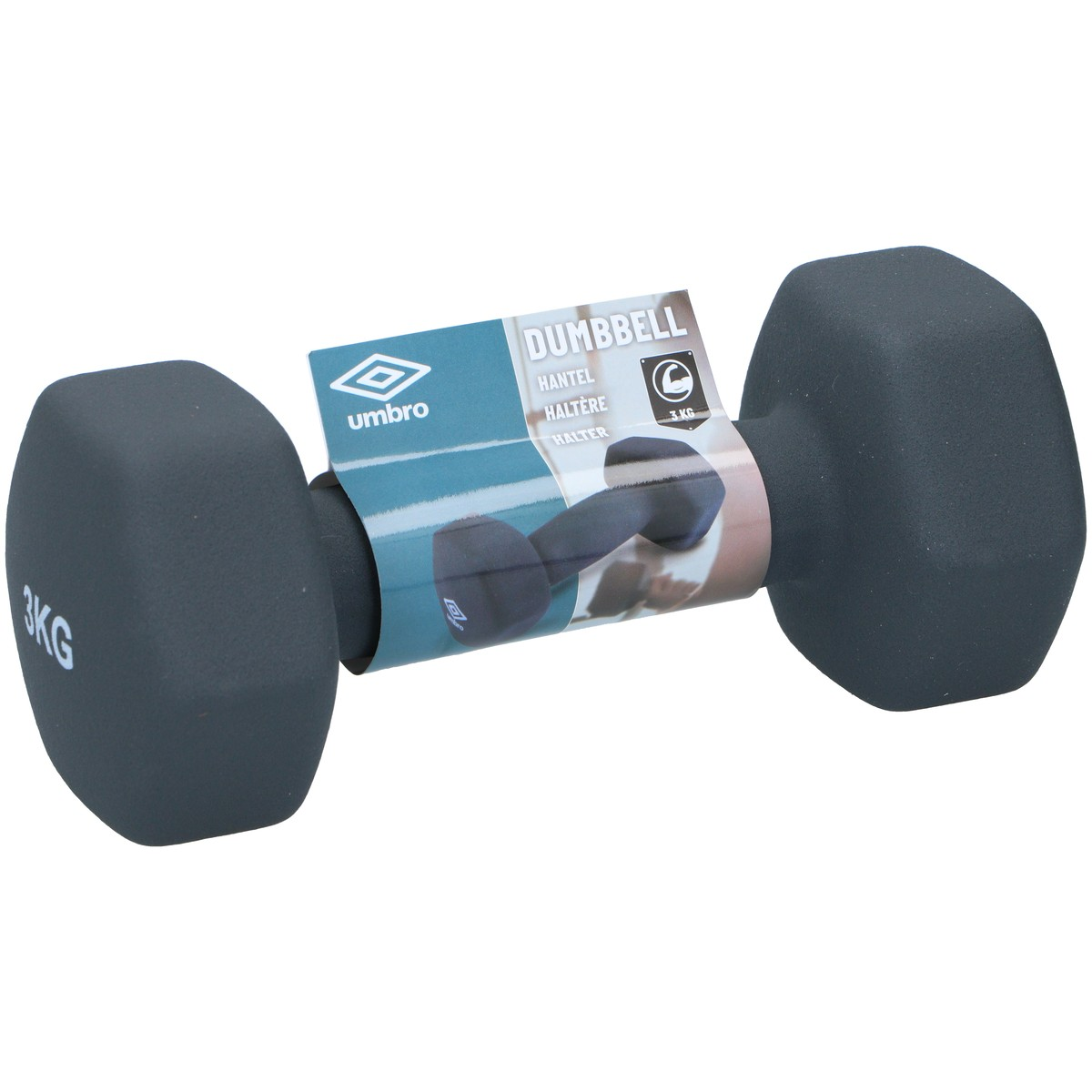 A black 3kg dumbbell with hexagonal weights and an Umbro label.