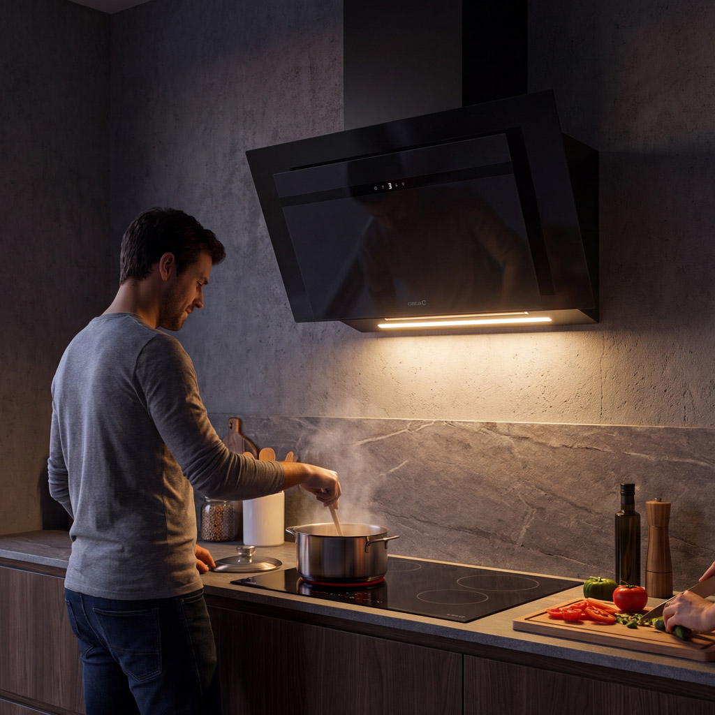 Hombre cocinando en vitrocerámica, vapor de olla. Cocina moderna.