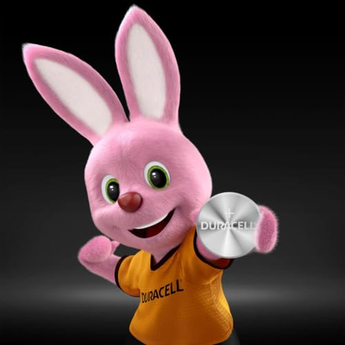 A pink bunny in a Duracell shirt holds a Duracell battery.