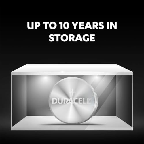 Duracell coin battery displayed in a white cube, text reads UP TO 10 YEARS IN STORAGE.