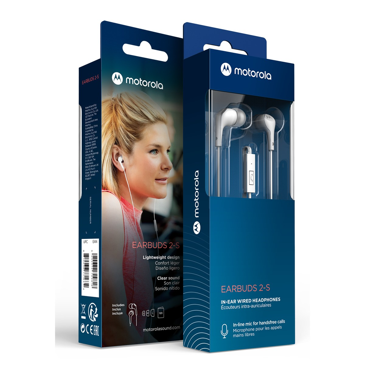Confezione di auricolari Motorola con una donna e gli auricolari in primo piano.