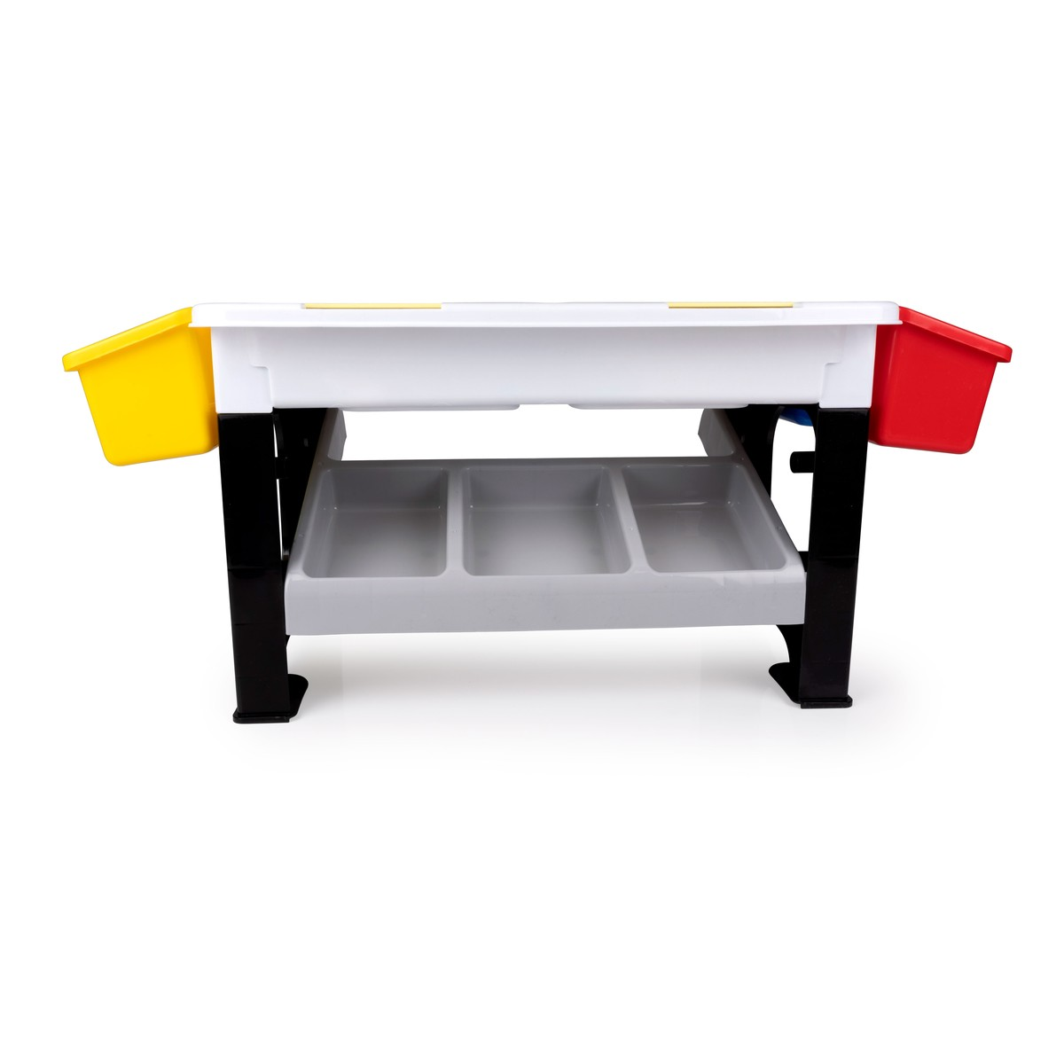 A white play table with black legs, red and yellow bins attached.