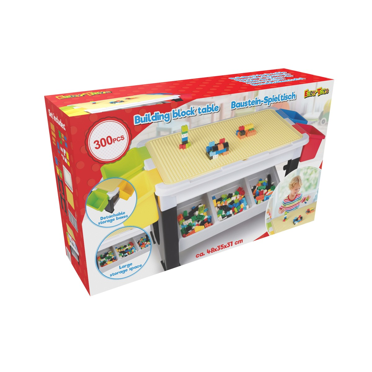 Box of a building block table with 300 pieces, yellow plate, storage boxes.