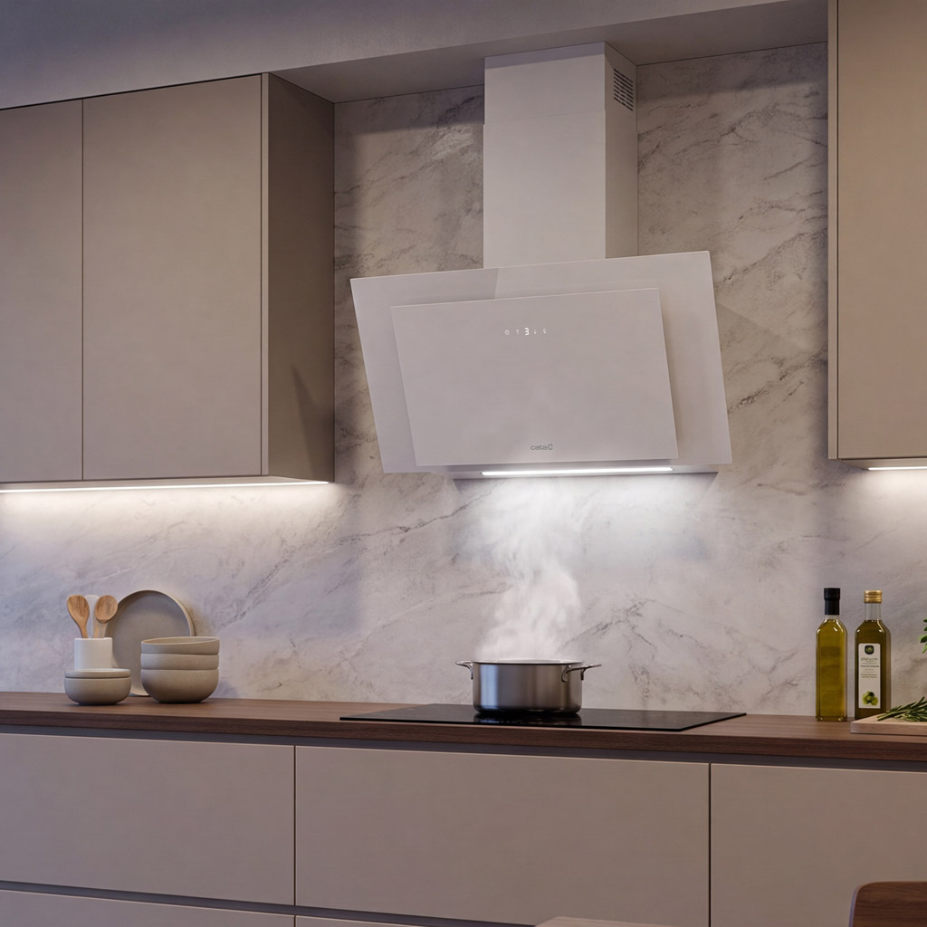 Una cocina moderna con campana blanca sobre vitrocerámica, vapor sale de una olla.