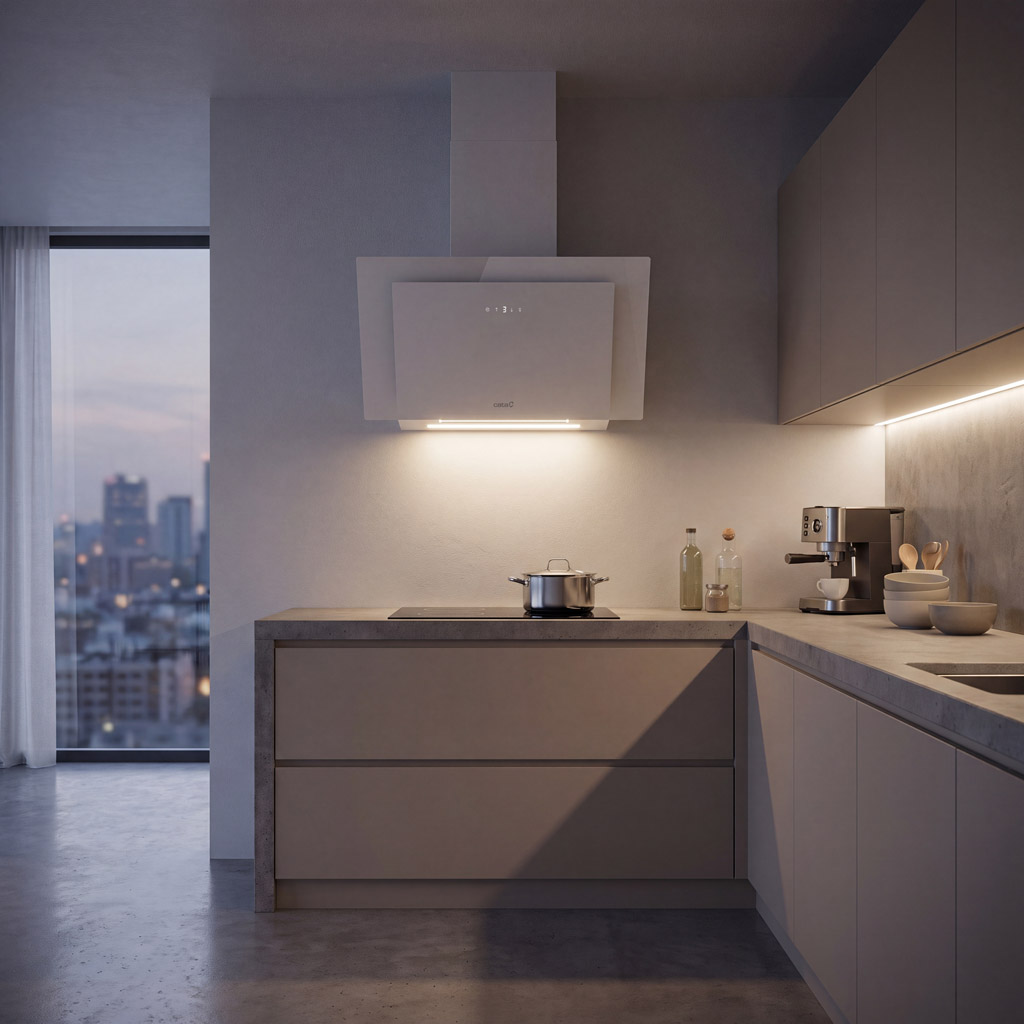 Cocina moderna al anochecer con campana extractora, placa y cafetera.