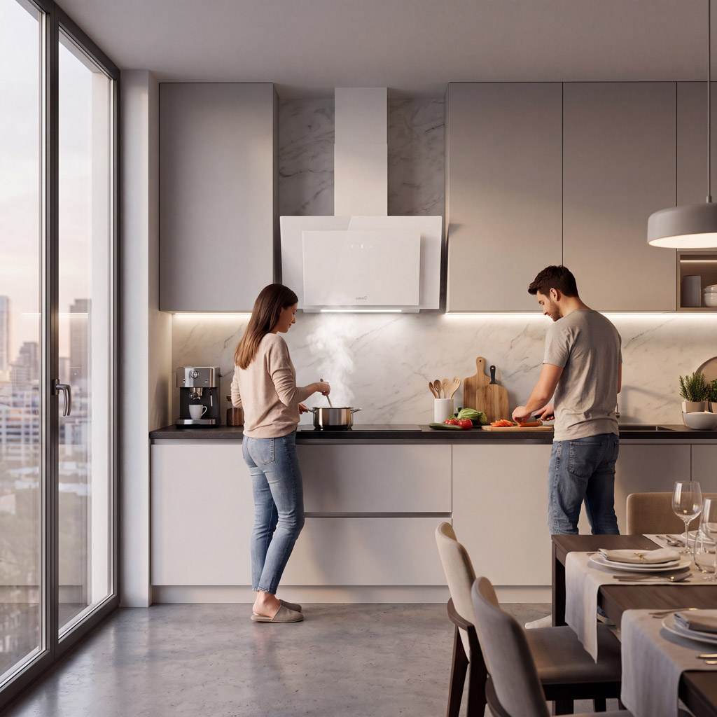 Un hombre y una mujer cocinando en una cocina moderna con vista a la ciudad.