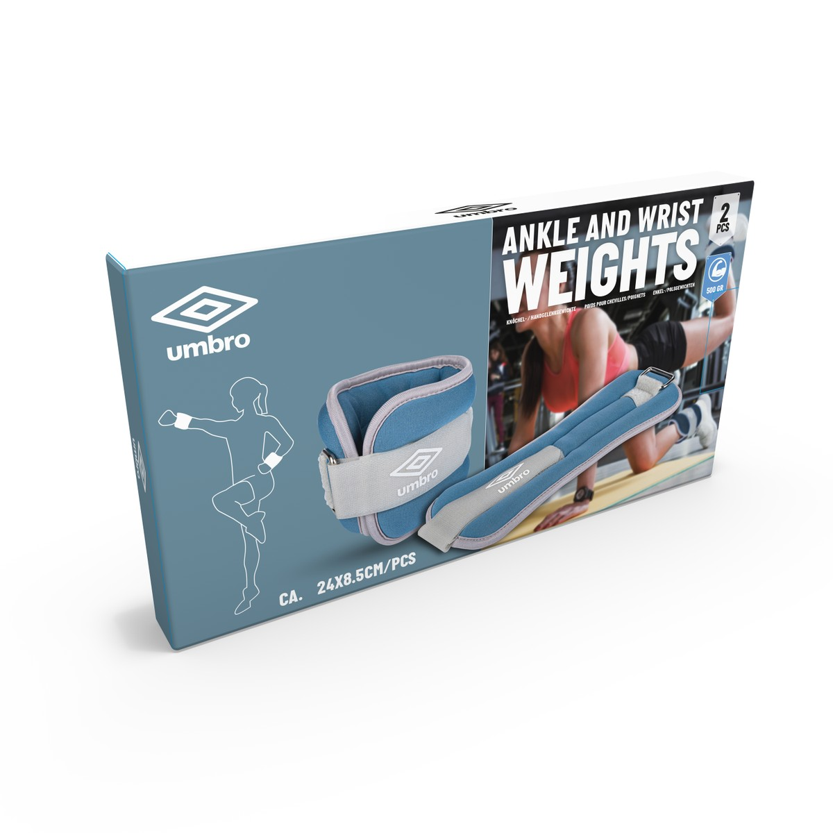 Box with blue Umbro ankle and wrist weights.