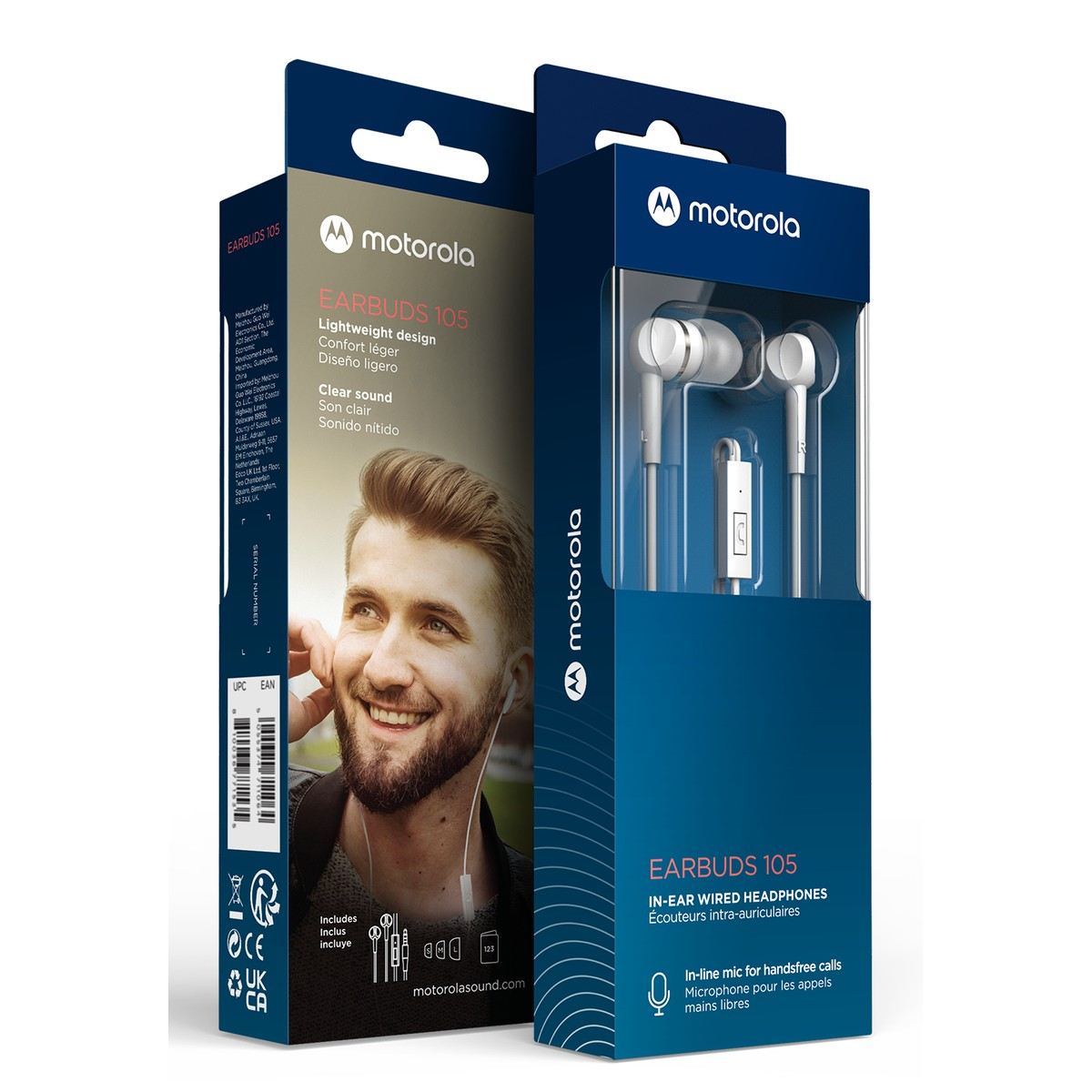 Verpackung für Motorola Earbuds 105 mit Kopfhörern und einem lächelnden Mann.