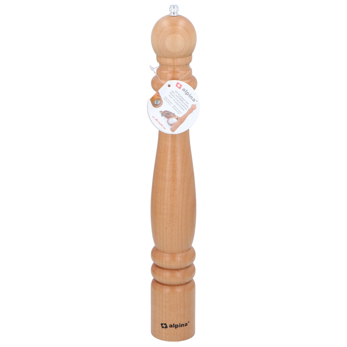 Macina sale e pepe in legno con pomello argentato e etichetta.