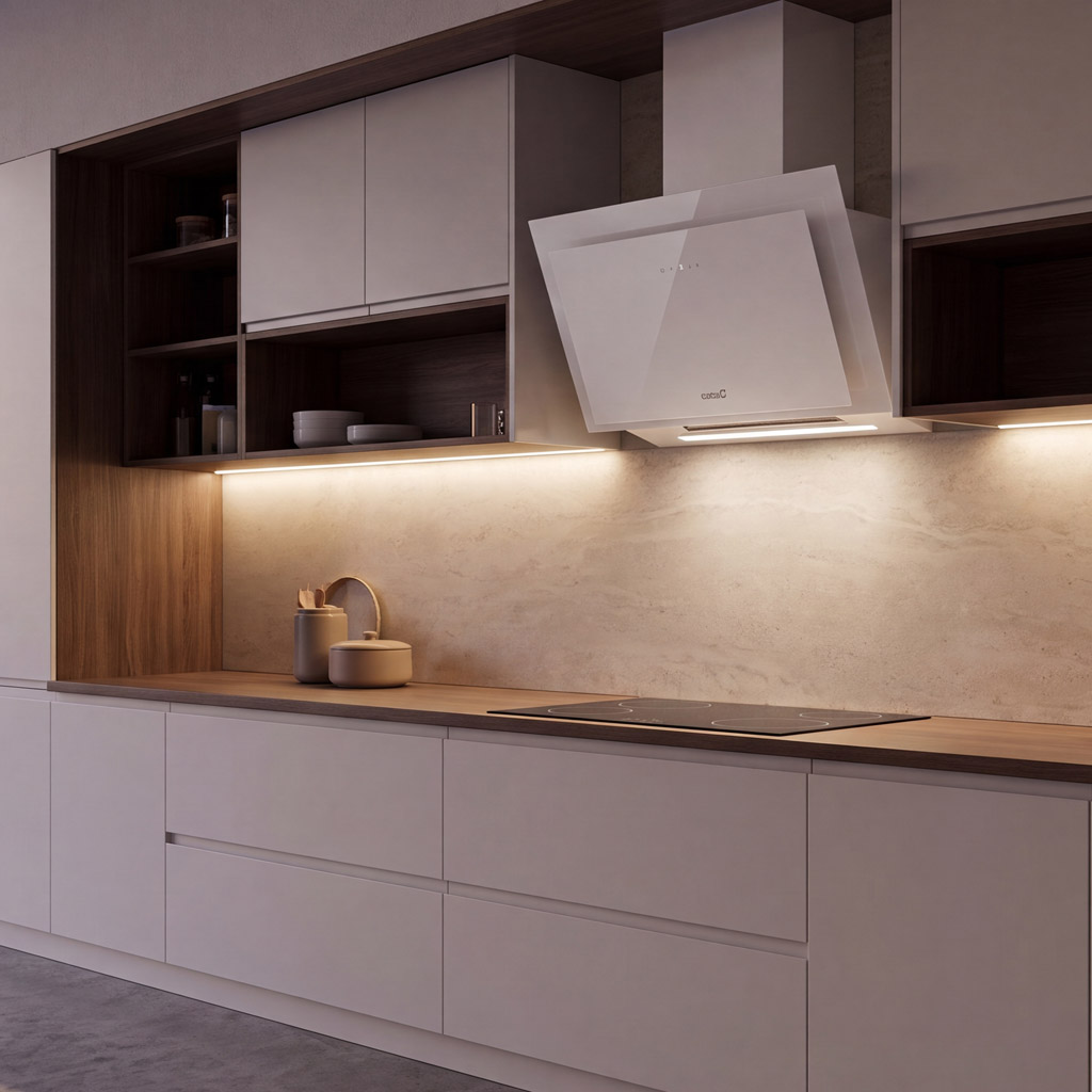 Cocina moderna con gabinetes blancos, detalles de madera, campana extractora y estufa.