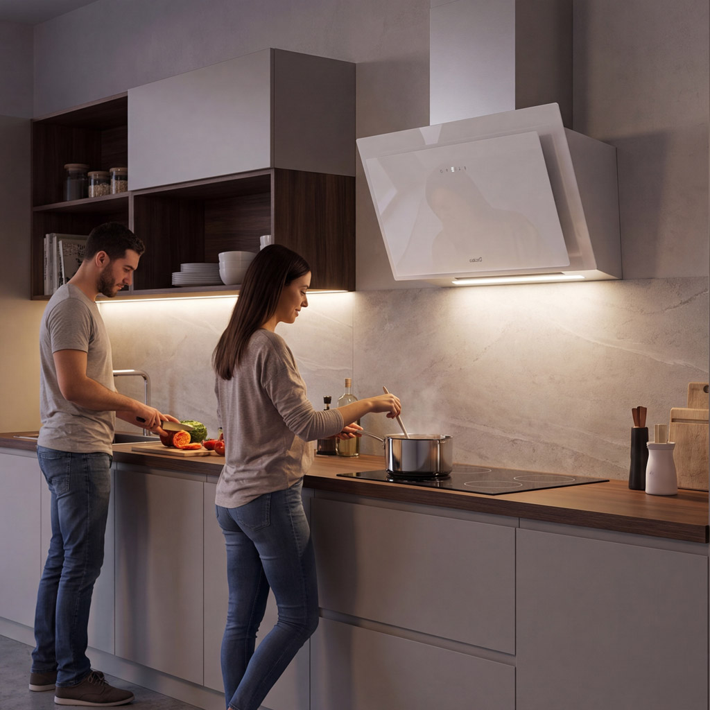 Hombre corta verduras, mujer cocina en cocina moderna con campana extractora.