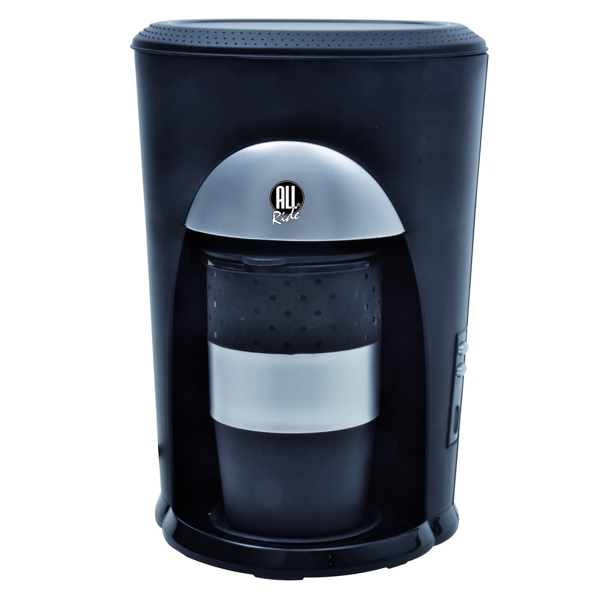 Black coffee maker with silver accent and black cup inside.