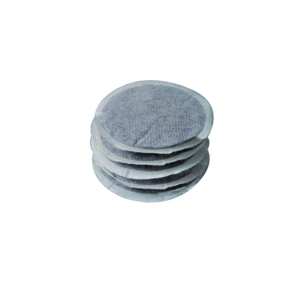 A stack of six round coffee pods with filter paper and brown coffee grounds.