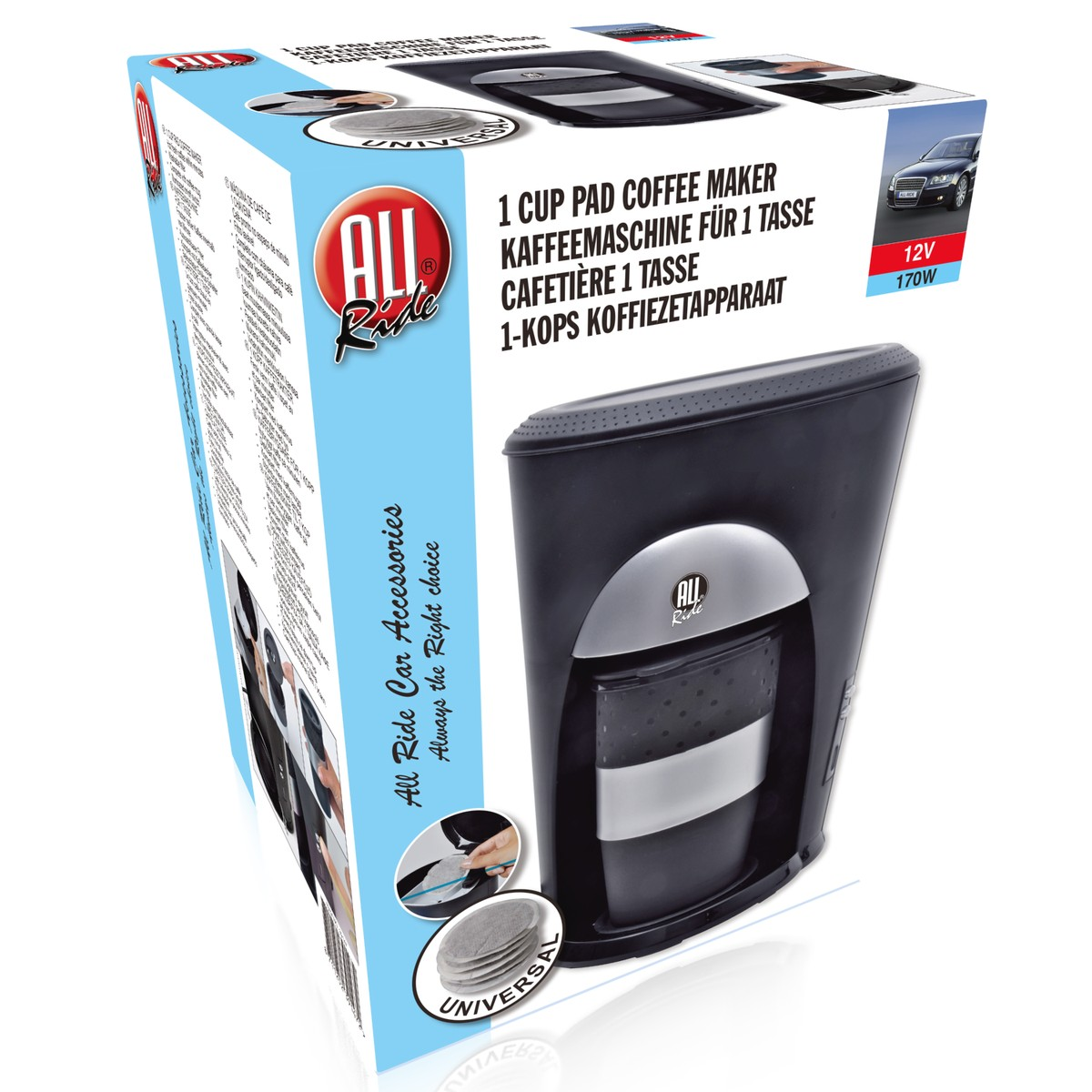 Black 1-cup coffee maker packaging with product image and details.