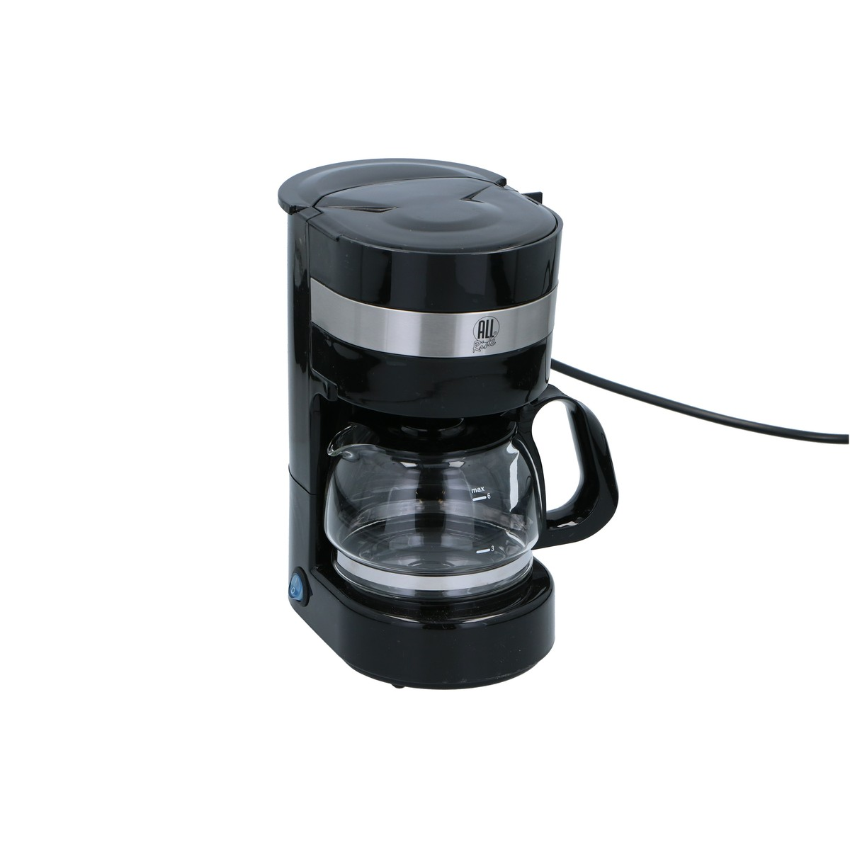 A black coffee maker with a glass carafe sits on a white background.