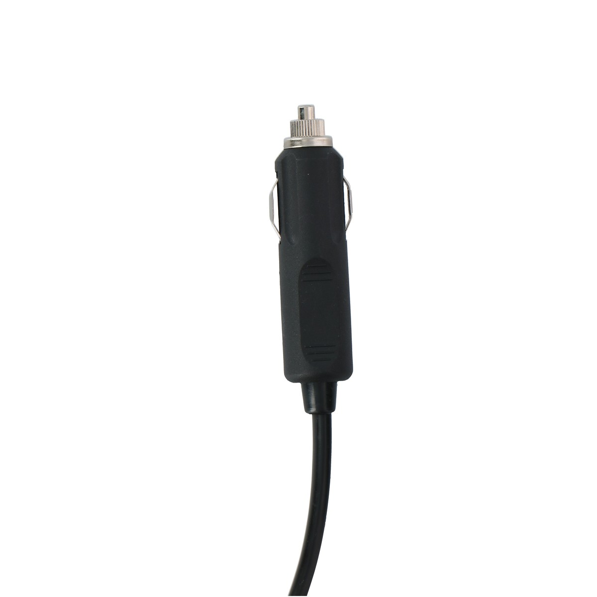 Black car charger plug with silver top and cable.
