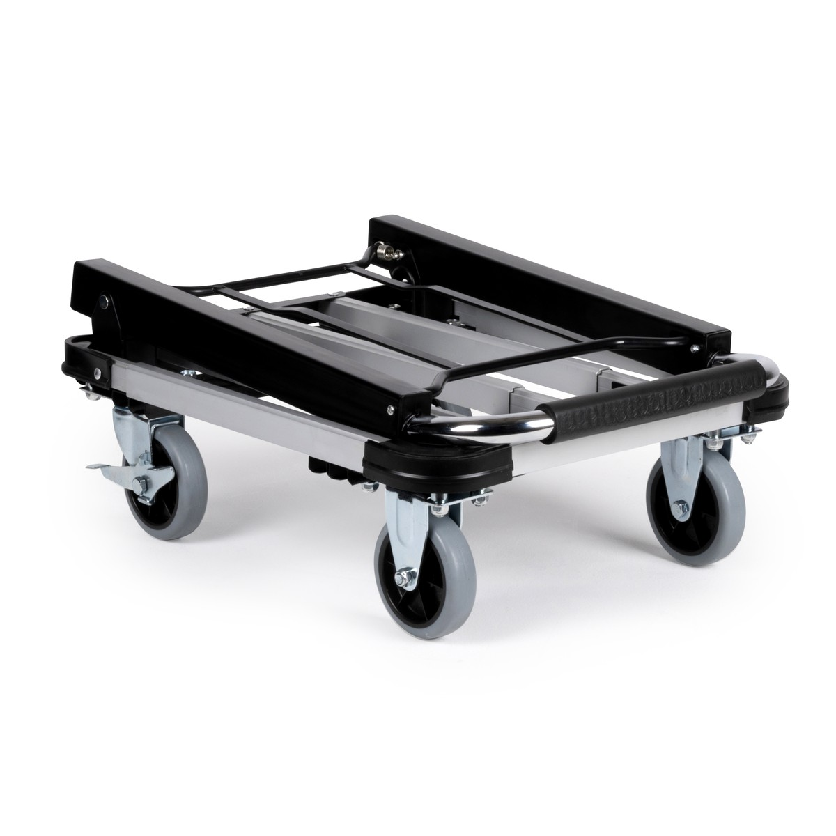 A foldable hand truck with a silver metal frame and black handles, on gray wheels.