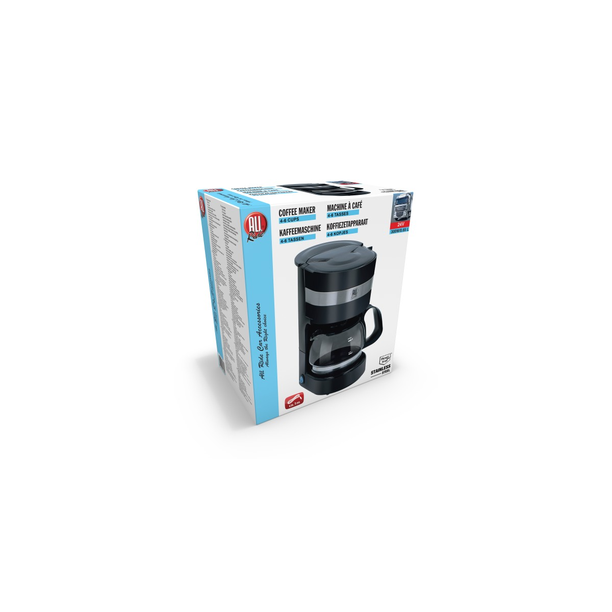 Black coffee maker with glass carafe on box, for 4-6 cups, 24V.