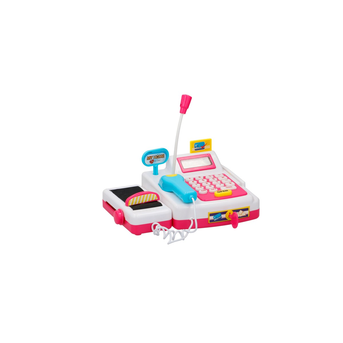 A pink and white toy cash register with a blue handset and microphone.