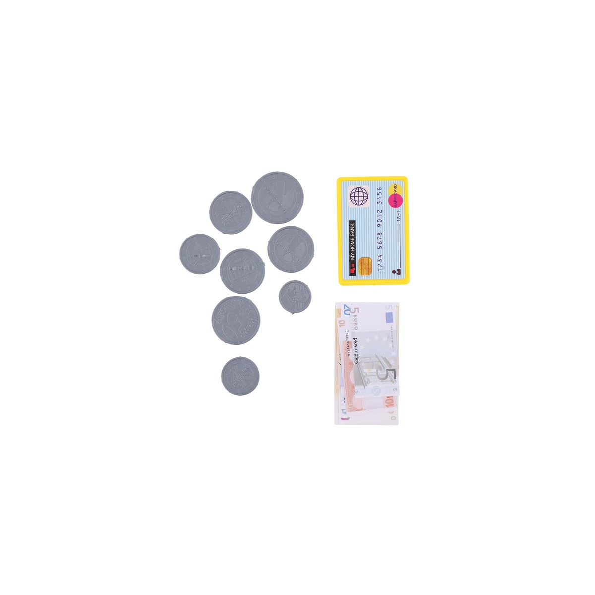 Play money coins, a credit card, and euro banknotes on a white background.