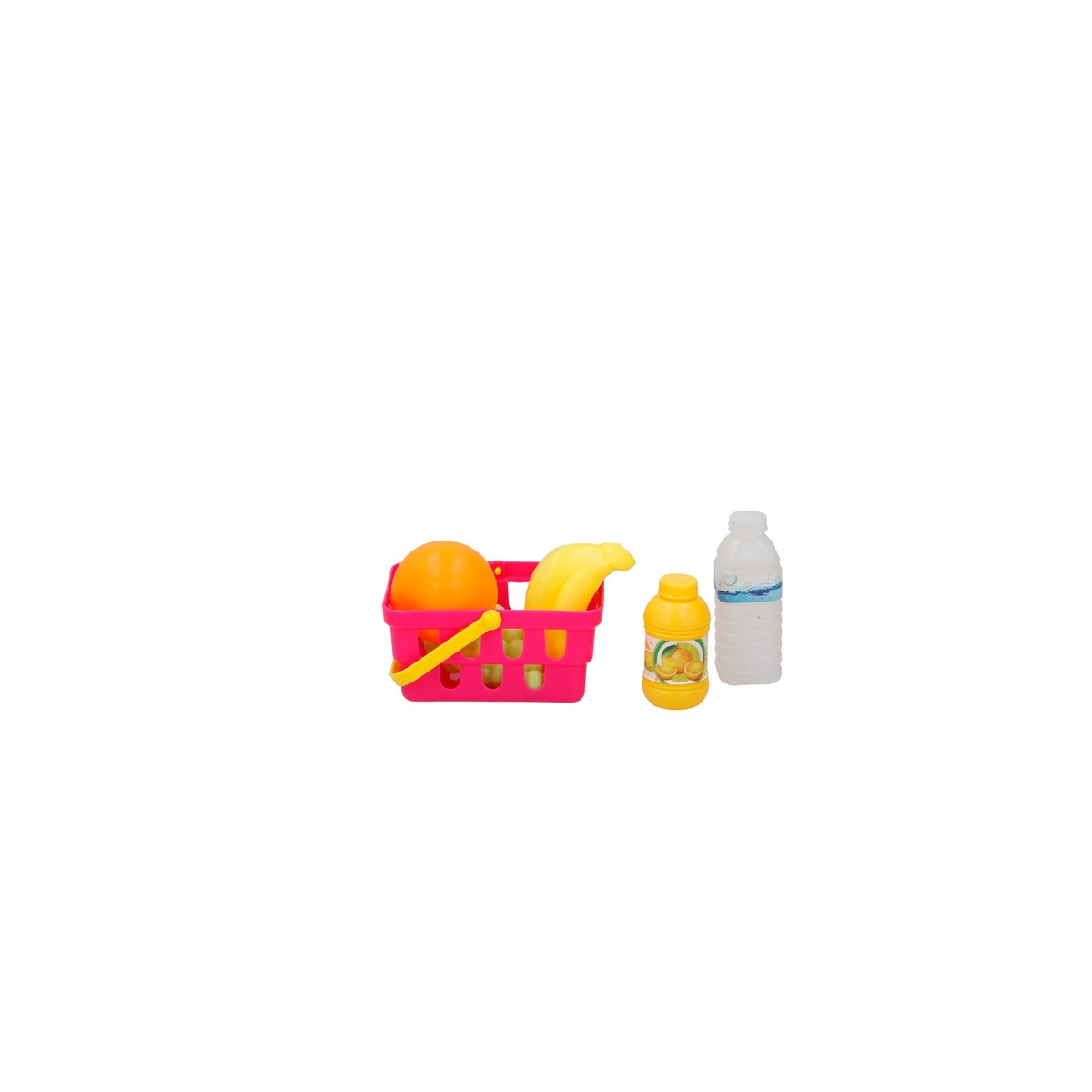 A pink shopping basket with an orange and a banana, beside it two bottles.