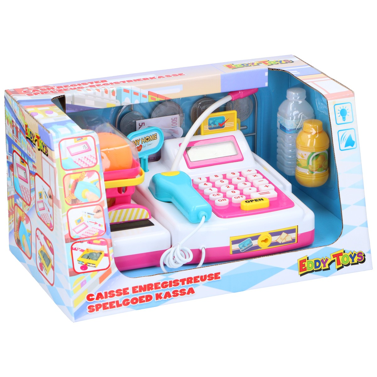 A toy cash register with accessories like coins, play money, and bottles.