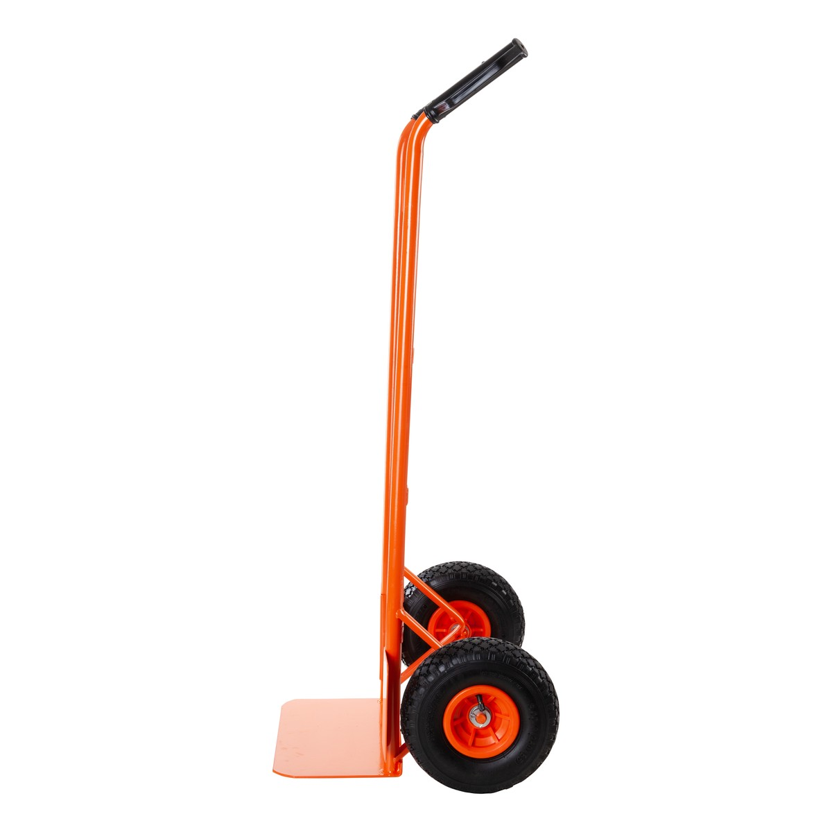An orange hand truck with two wheels and a black handle.