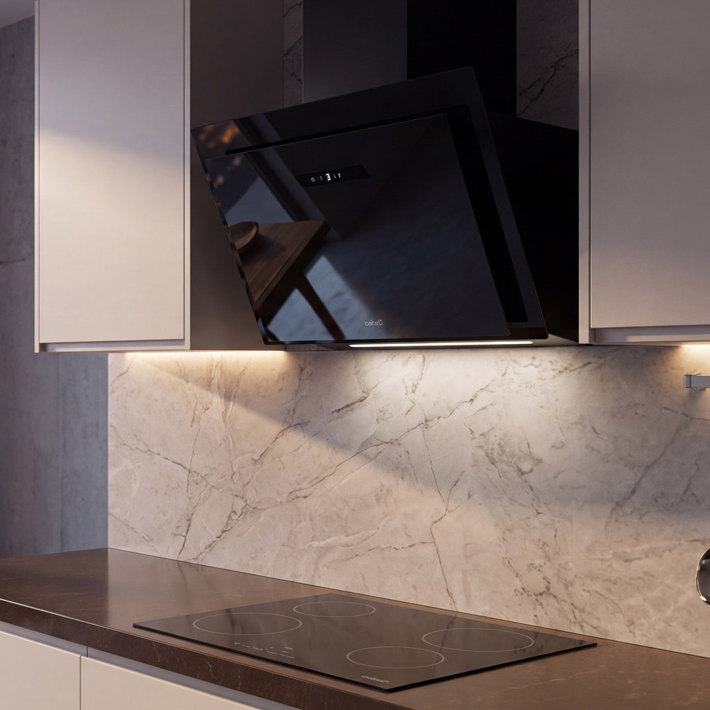 Cocina moderna con campana extractora negra y vitrocerámica.