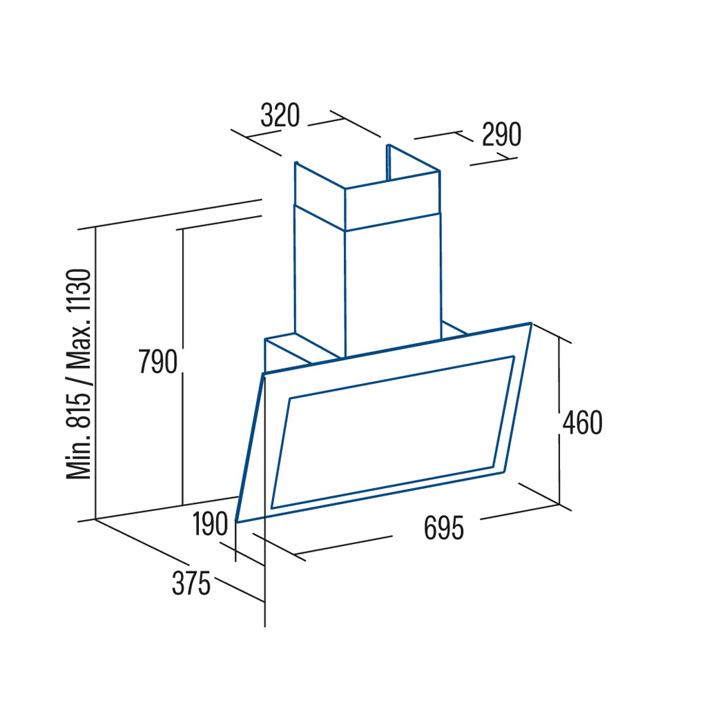 Dibujo técnico de una campana extractora con dimensiones.