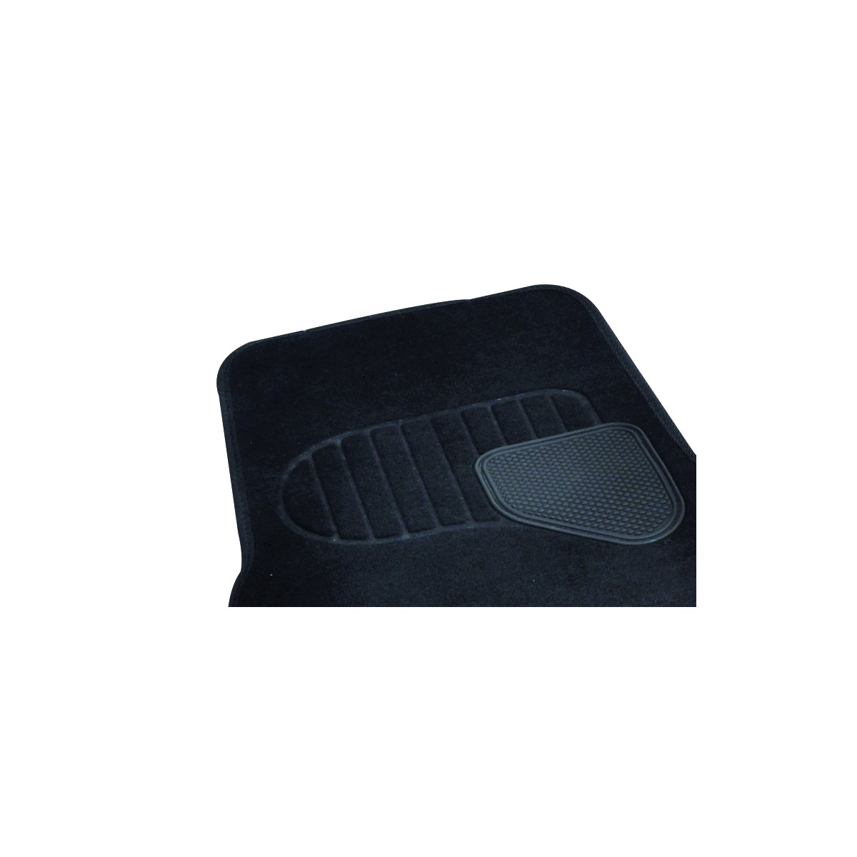 Black carpet with ribbed pattern and rubber heel rest.
