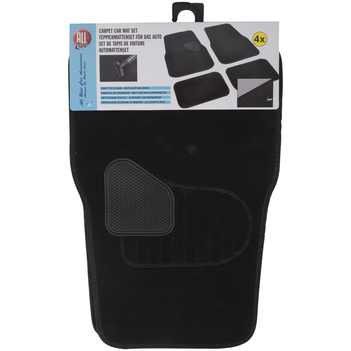 Black carpet car mat set with 4 mats and anti-slip backing.