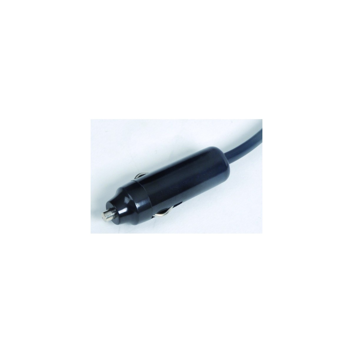 A black cigarette lighter plug with a cable, on a white background.