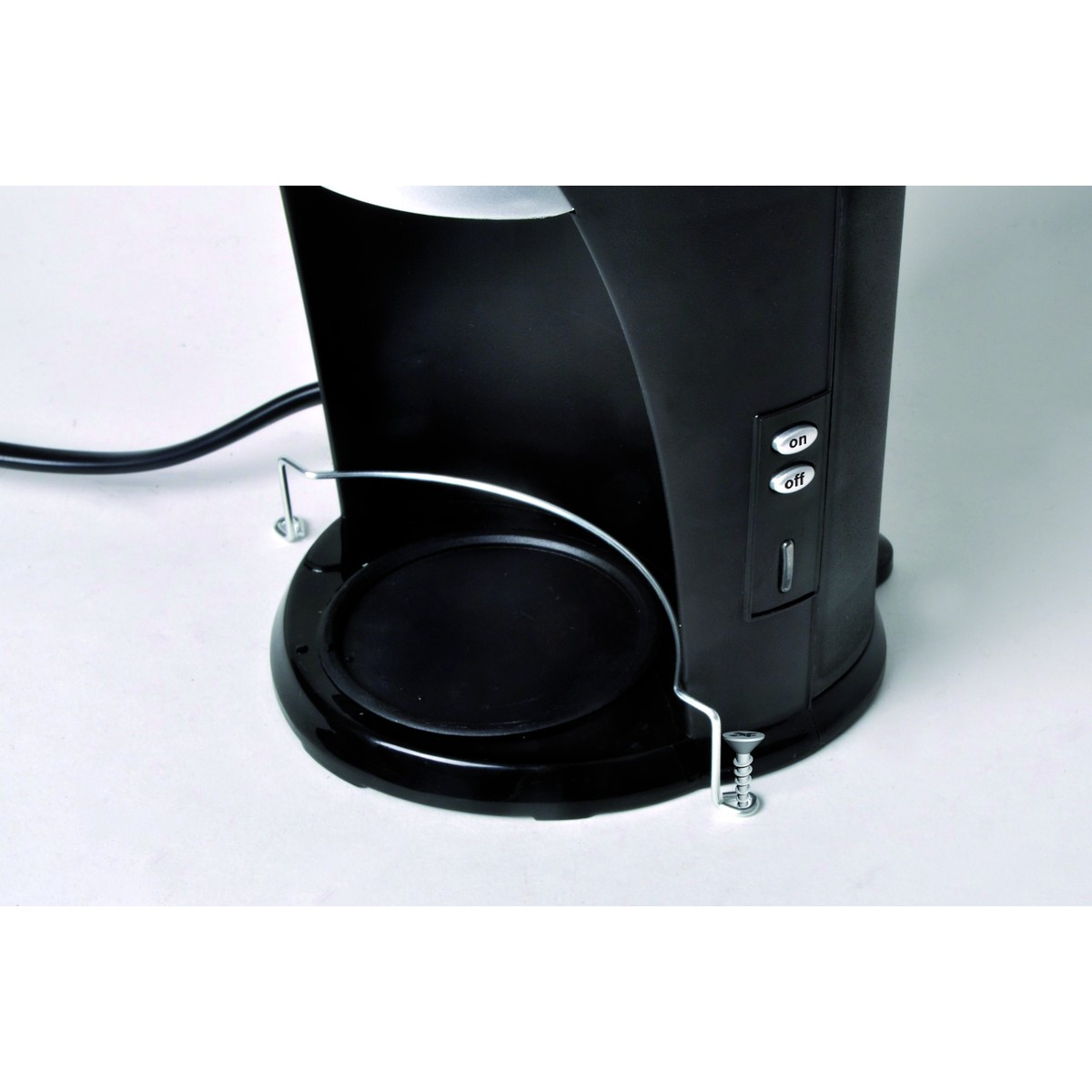 Black coffee maker with silver filter holder and control buttons.