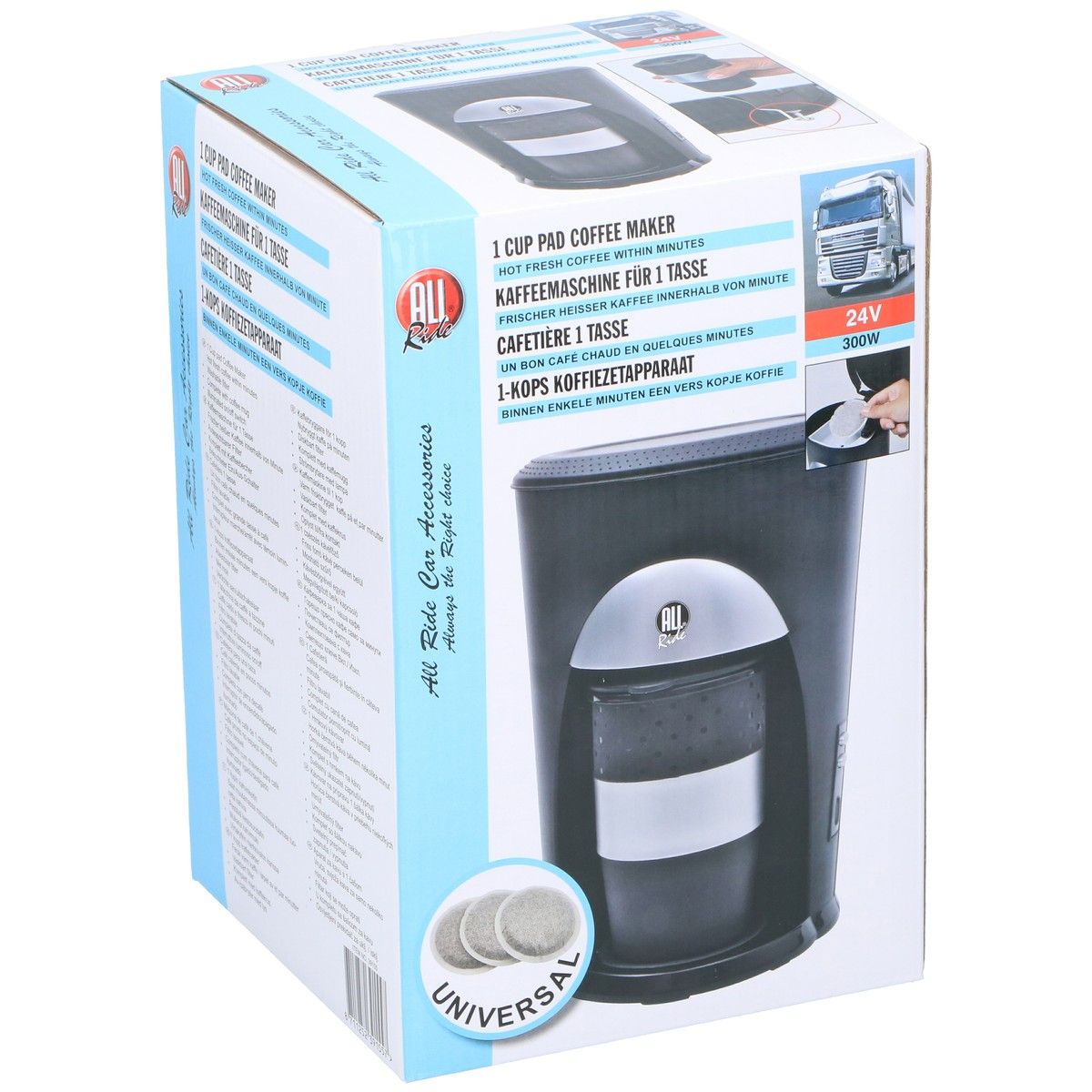 Box of a 1-cup pad coffee maker, featuring a truck image.