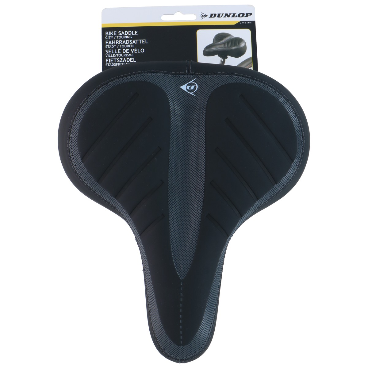 Zwart Dunlop fietzadel voor stad/touring met grijze accenten. Verpakt.