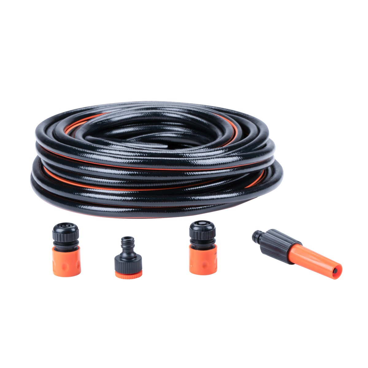 Black garden hose with orange connectors and spray nozzle.