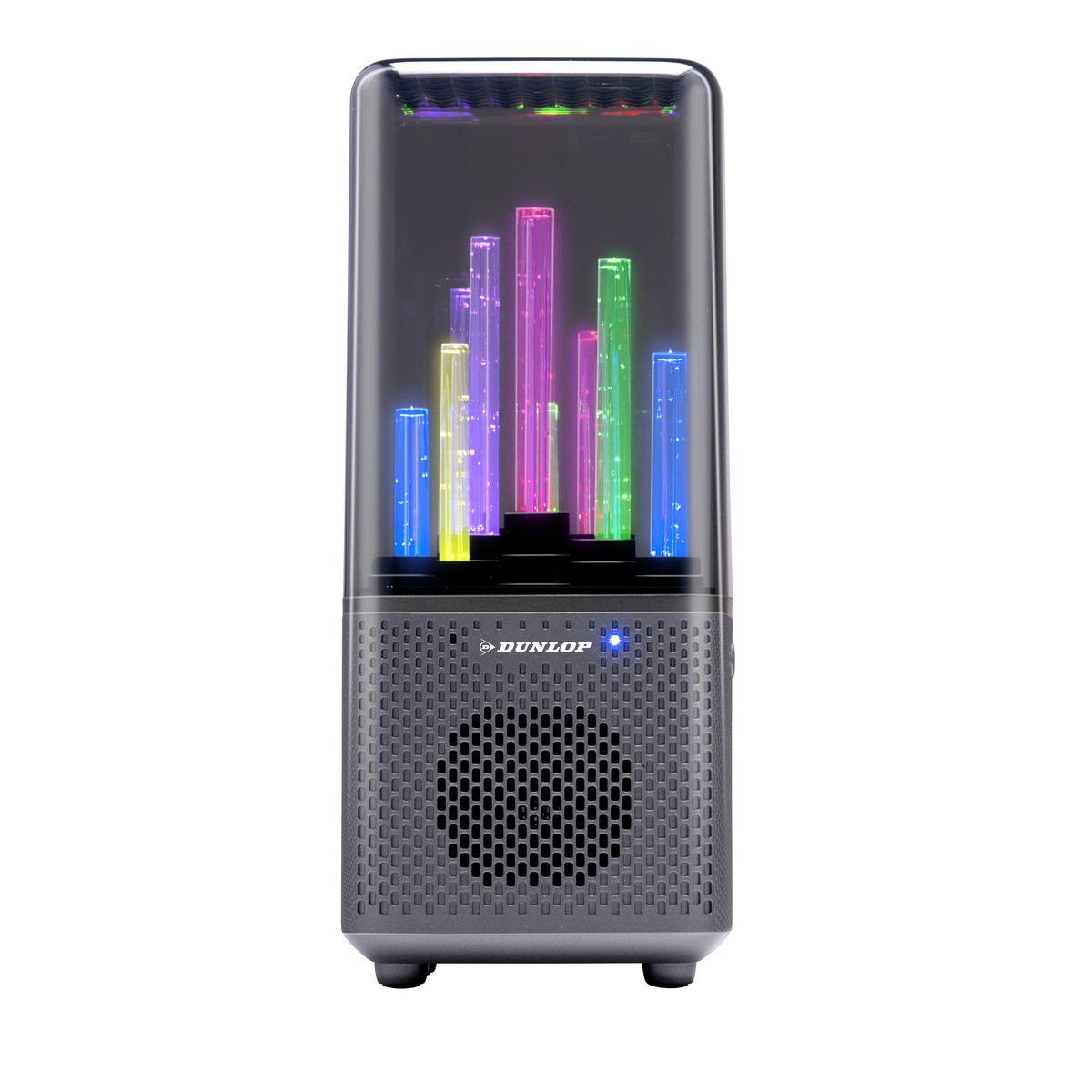 A gray speaker with colorful lights that look like a graphic equalizer.