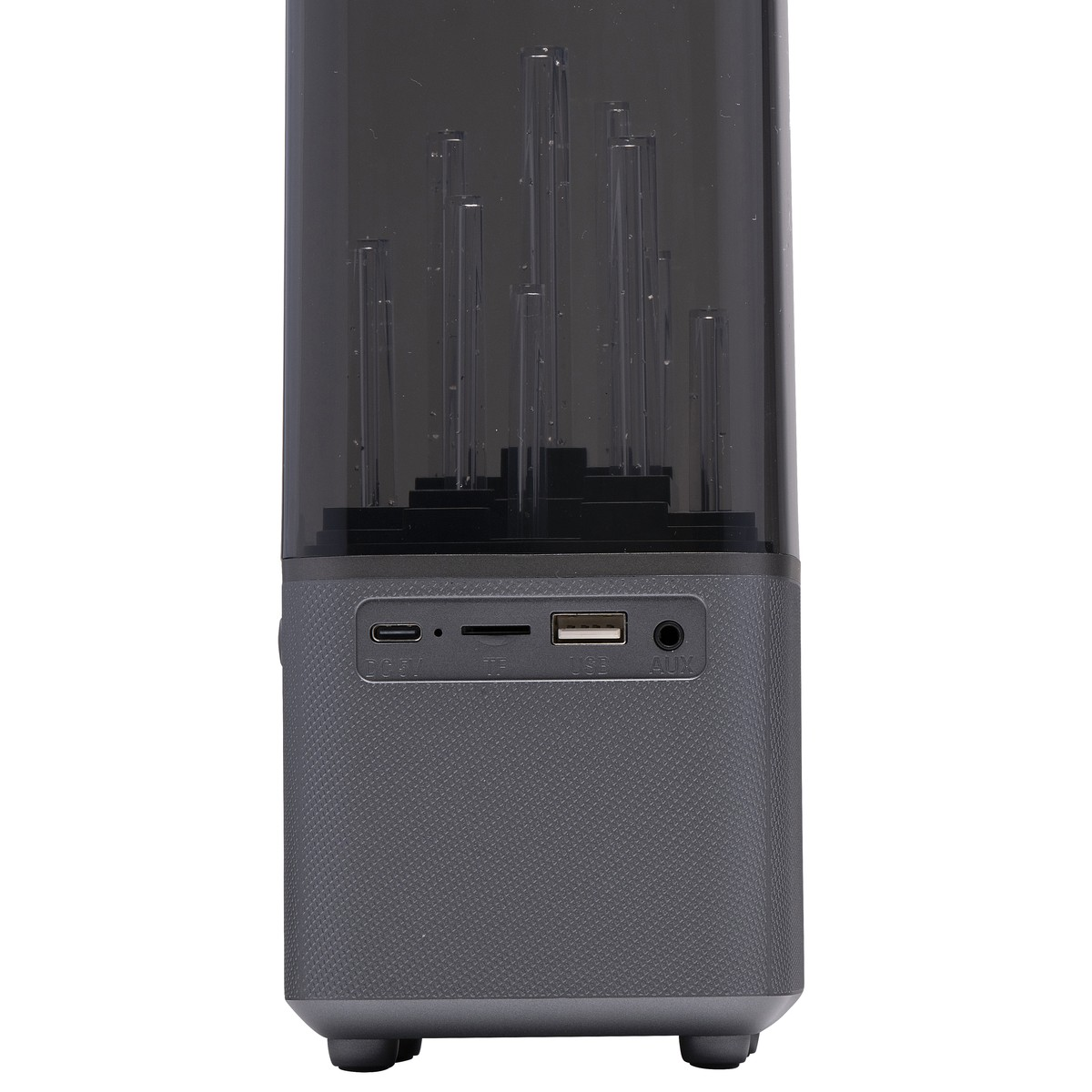 Gray speaker with transparent top and lights inside.