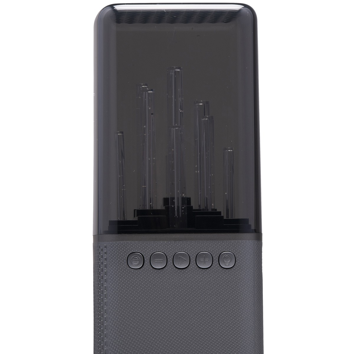 A black speaker with a transparent top and silver buttons.
