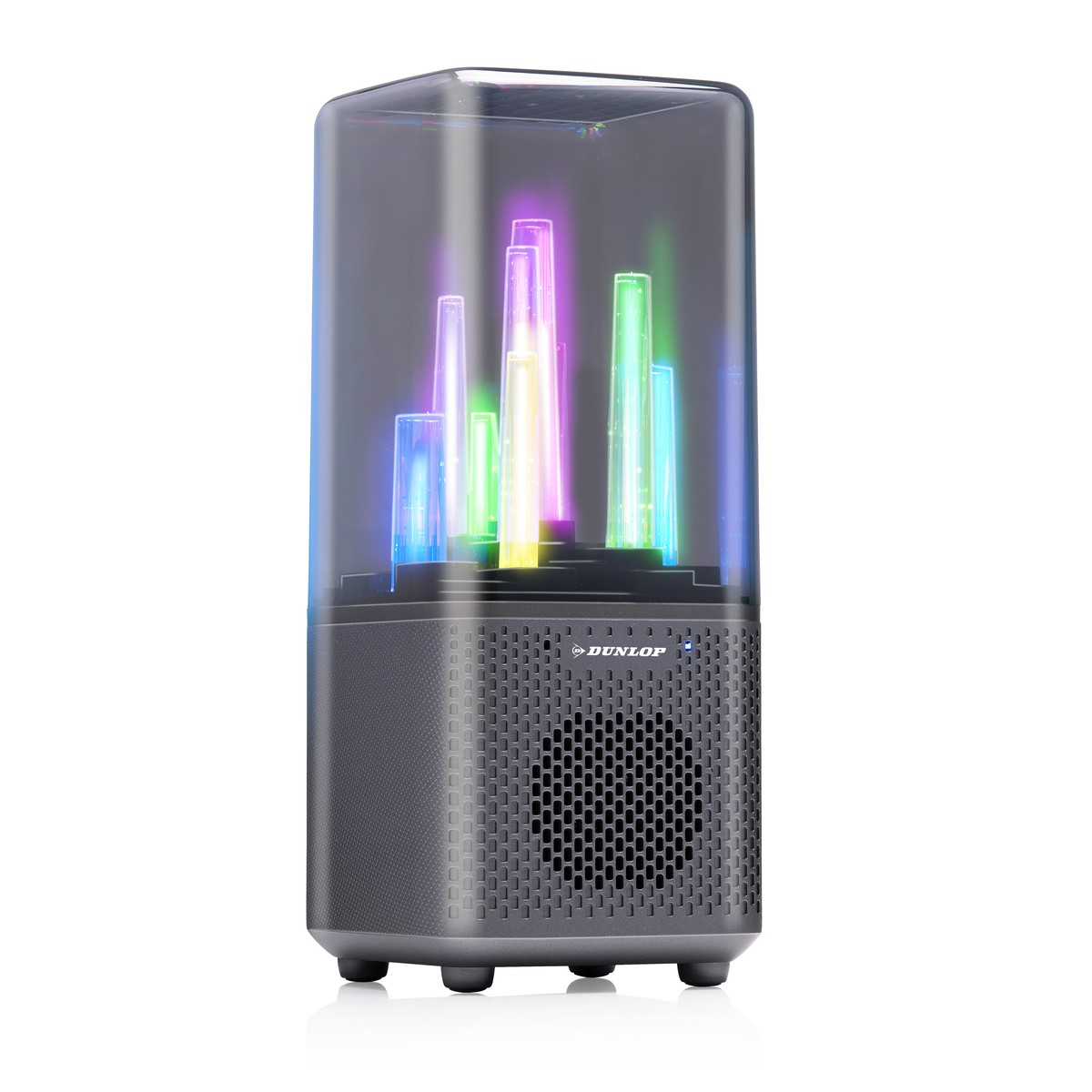 A gray speaker with colorful lights rising from the top section.
