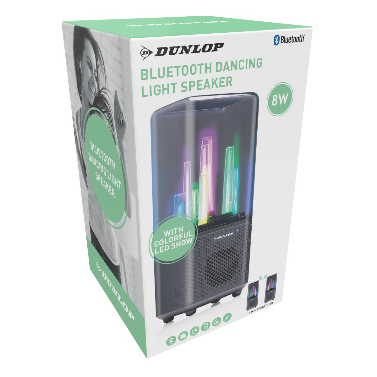 Packaging of a Dunlop Bluetooth dancing light speaker with 8W colorful LED show.